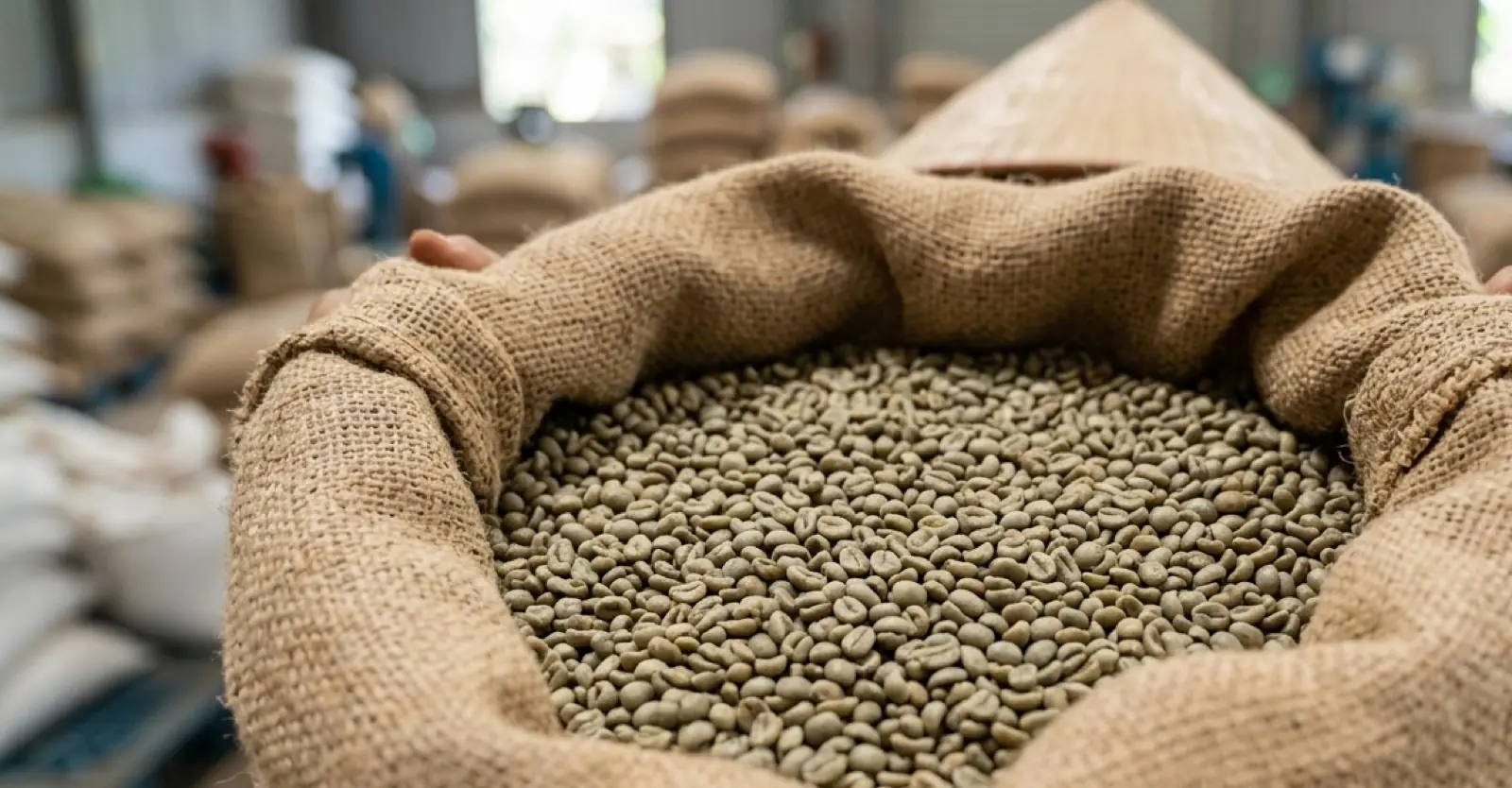 Grains de café robusta verts en gros plan