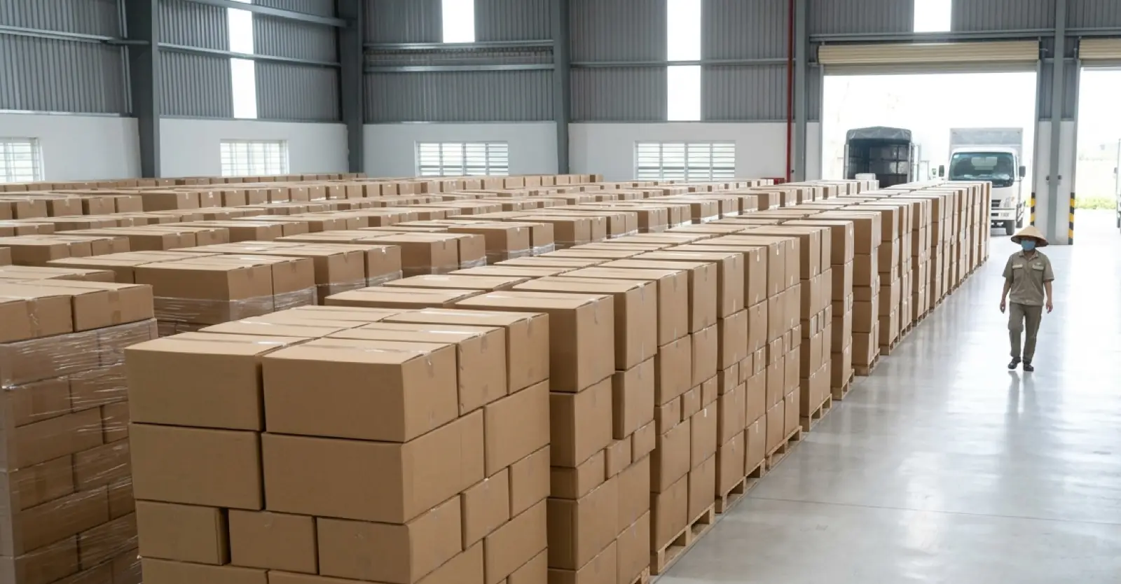 Sacs conditionnés stockés dans un entrepôt avant expédition