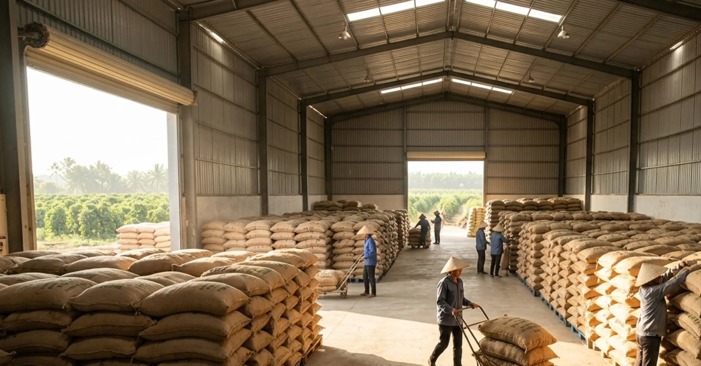 Entrepôt de conditionnement au Vietnam, sacs stockés avant chargement